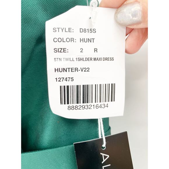 ALFRED SUNG Gown Size 2 NEW Draped One-Shoulder Satin Maxi Pockets Emerald Green - Picture 4 of 8